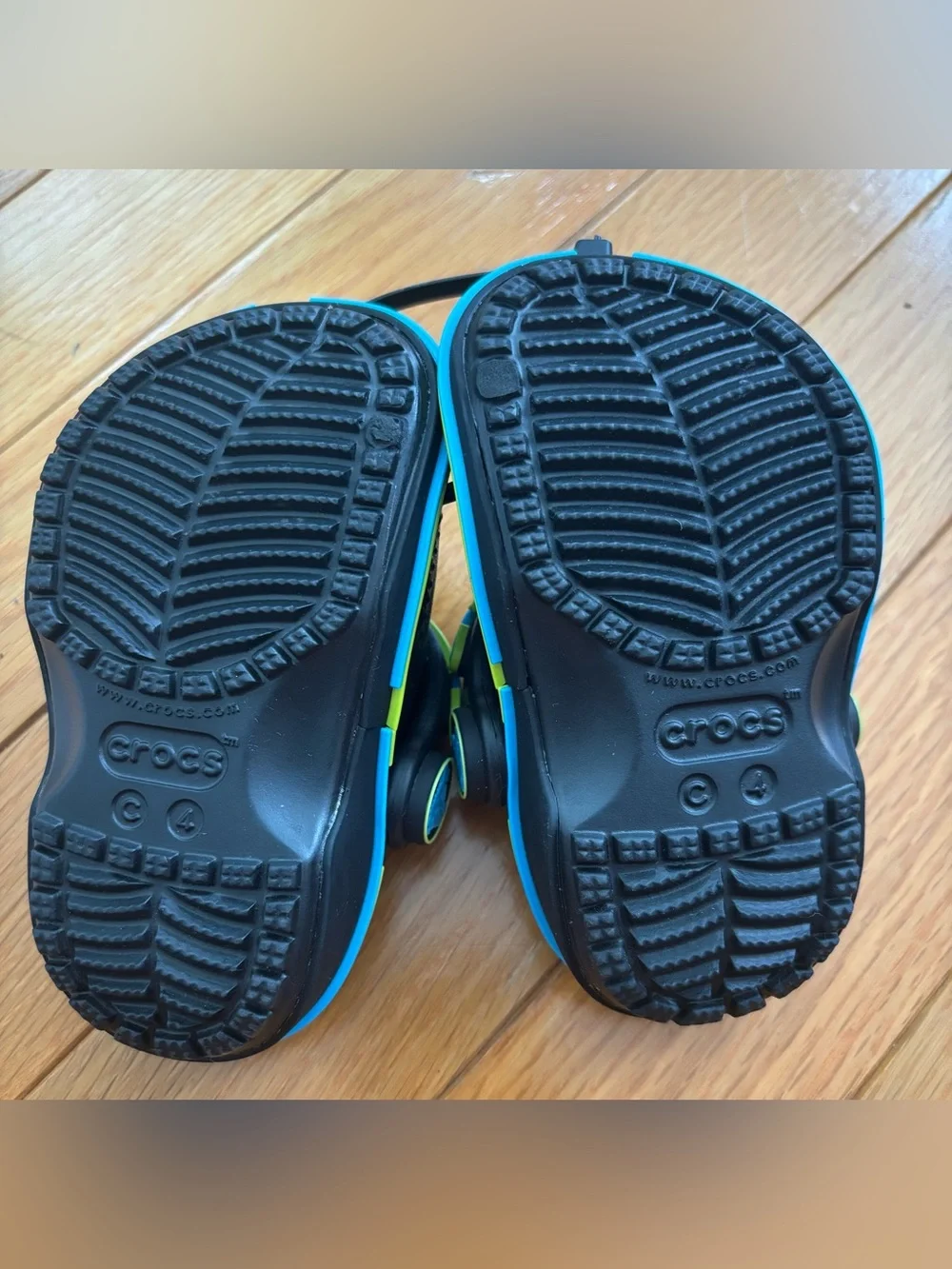 CROCS Toddler’s Black Clogs with Neon Green and Blue Trim and Gamer Jibbitz